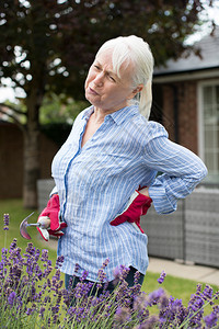 治疗在家受后院花园艺虐待的年长妇女老人按摩图片