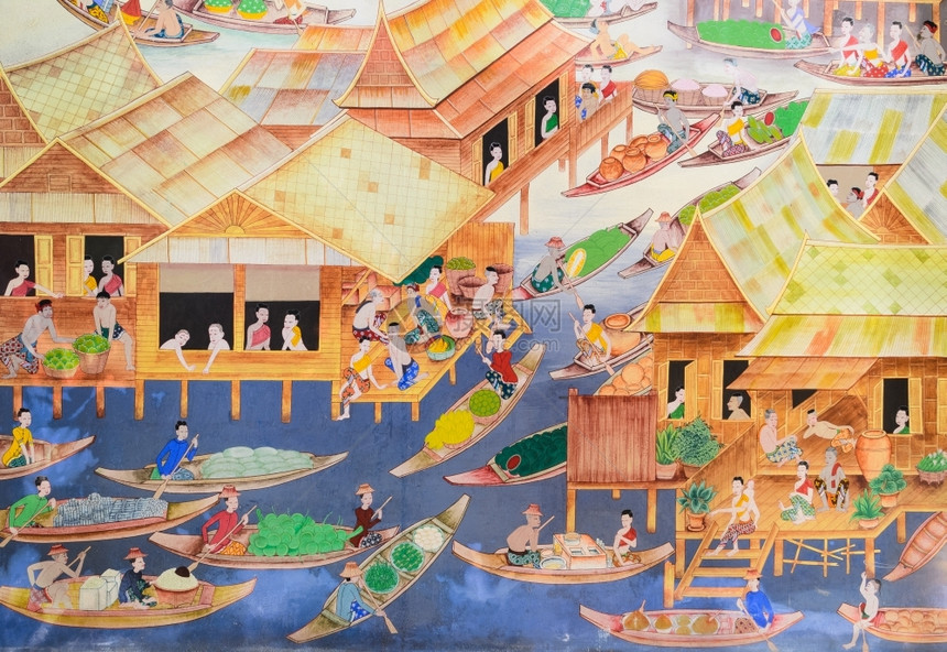 商人寺庙墙上漂浮市场的泰壁画文化本国的图片