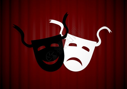 化装戏剧红色窗帘前有两个面罩的示意正悲伤设计图片