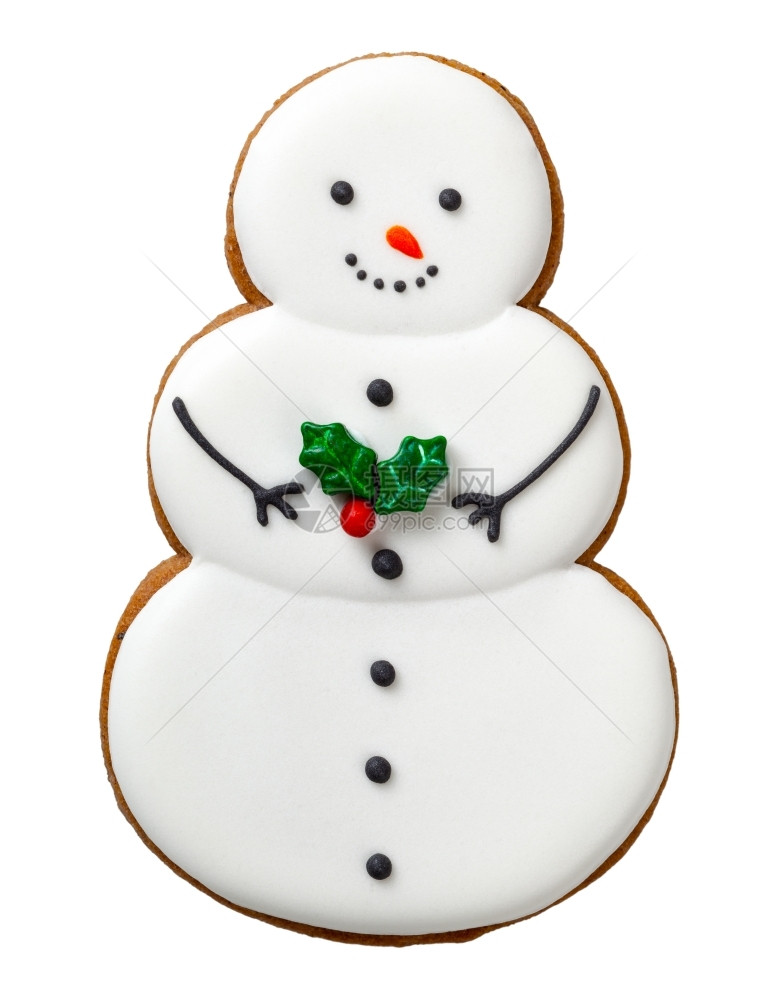 金子帽圣诞姜饼干在白色背景的雪人形状曲奇中被孤立甜的图片