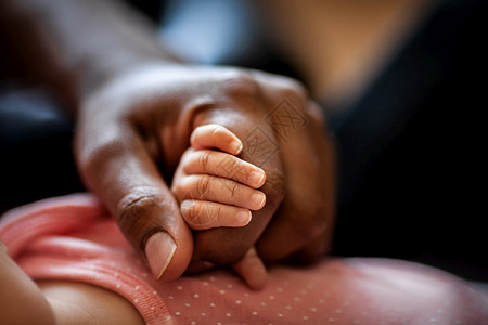 人类新生儿女婴和父亲在有选择重点婴儿概念形象方面握手可爱的水平图片