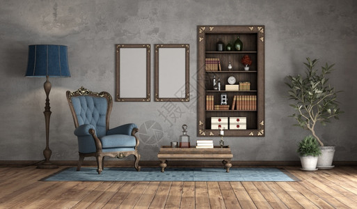 地毯硬木古典式客厅墙上有旧的扶椅和木书架3D制成经典风格客厅旧的扶椅和书架家具背景图片