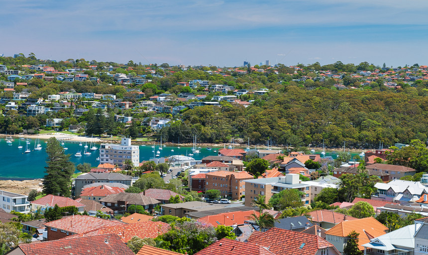 在澳洲阳光明媚的一天ManlyBeach天际线全景空中观察水天线城市的图片