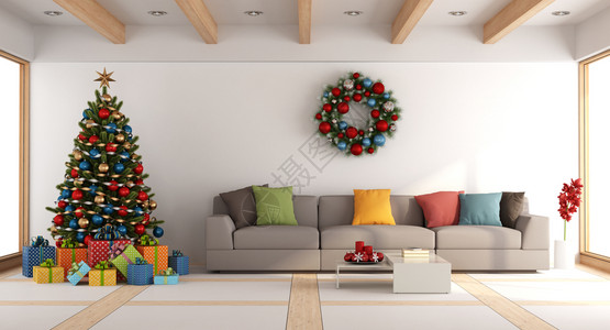白色客厅带有圣诞节树和Xma装饰品3D翻接白色的现代公寓图片