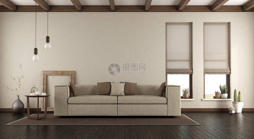 公寓优雅的客厅配有沙发两扇垂直窗户和天花板上的木梁3d渲染优雅的客厅配有地毯上的沙发桌子白色图片
