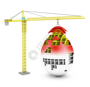 高塔特拉山区红色机械白色的高塔起重机造了一个红色鸡蛋3D建造设计图片