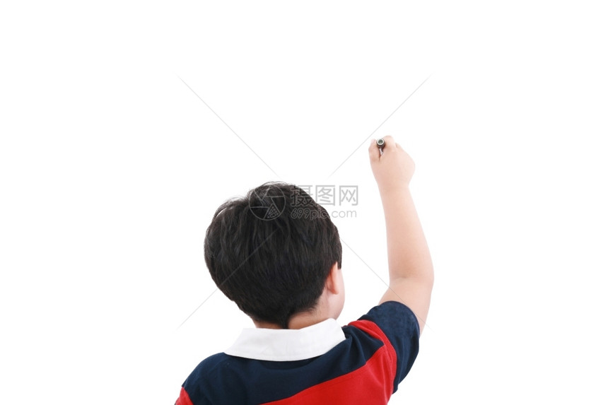 可爱的男孩在白色背景上写作祝贺想像力一种图片