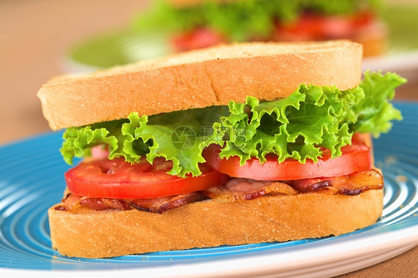 新鲜的盘子美食BLT培根番茄生菜全麦三明治选择焦点关注第一个三明治的前面图片