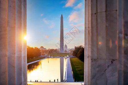 华盛顿纪念碑在日出时美国华盛顿特区的反射池中映照历史的建筑学美国人图片