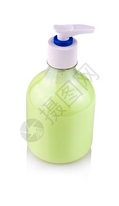 身体关心奶油透明塑料瓶有绿色液化手肥皂和白盖的塑料瓶在白色背景上隔离图片