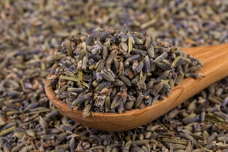 薰衣草药物以木勺制成的有机茶叶紫色图片