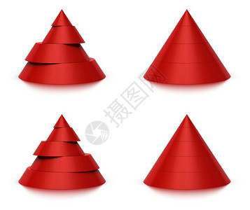 堆叠成功3个锥形切片4红金字塔或5五级白色背景和反射3个锥形切片4个或5级几何的设计图片