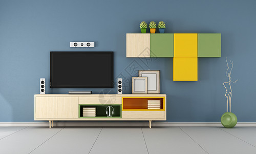 蓝色客厅的现代电视墙单元3D居住家具活的图片