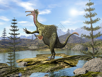 卡姿兰风景优美Deinocheirus恐龙每天在卡兰米树的池塘中行走3D使Deinocheirus恐龙变成3D史前灾祸设计图片