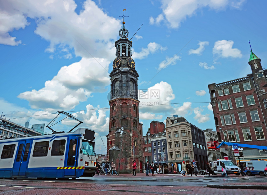 荷兰阿姆斯特丹市风景与Munt塔荷兰语城市景观游客图片