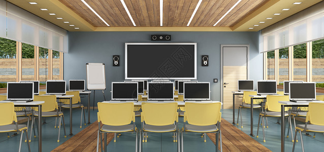现代的配备笔记本电脑平板屏幕和发言者的多媒体教室3D制现代多媒体教室桌子木制的背景图片