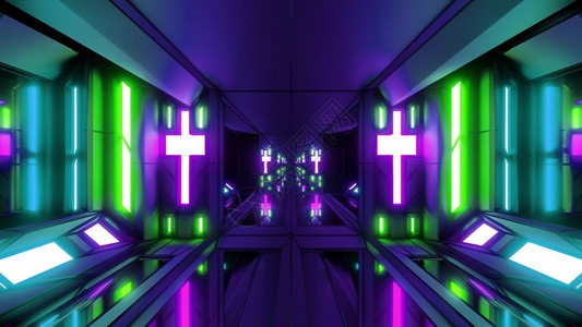 安丹多未来Scifi建筑室带有宗教的Christus标志3d设计干净的未来科学空间机库隧道走廊配有圣克里斯蒂安光十字和玻璃底3d挂图壁设计图片