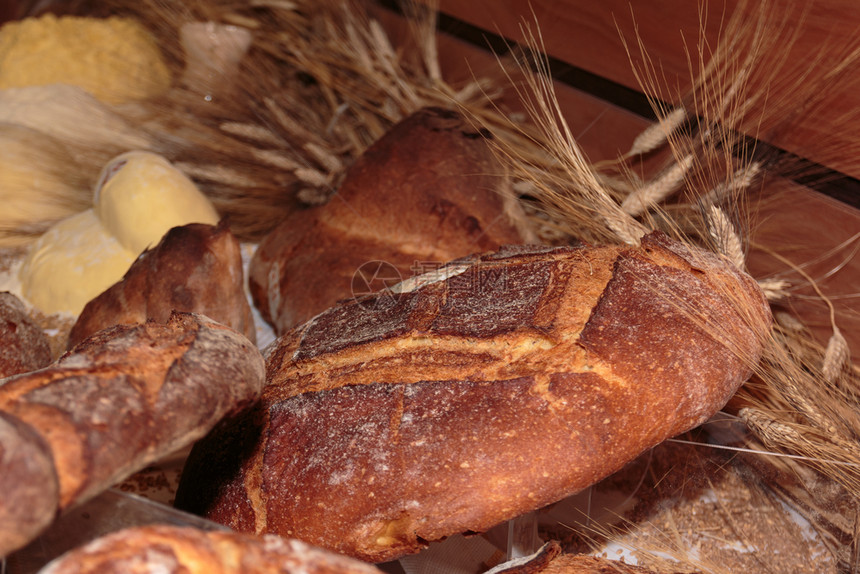 早餐午Altamura意大利新鲜面包和小麦的草皮意大利新鲜面包圆形的图片
