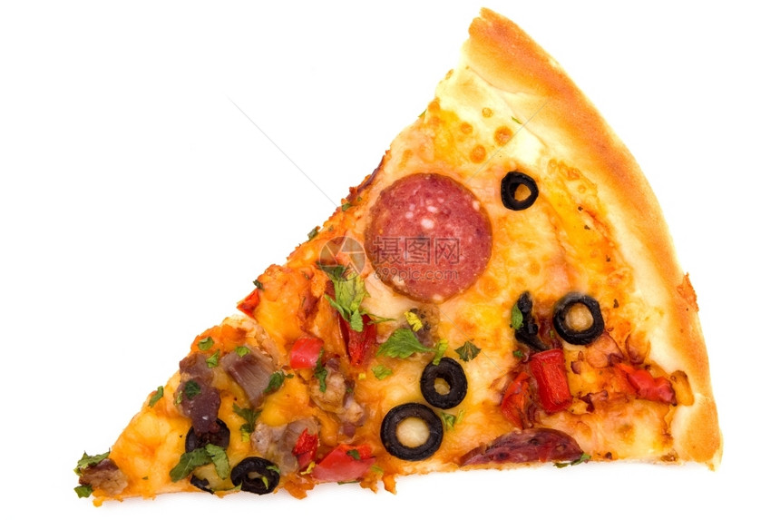 橄榄胡椒白线上分离的披萨片午餐图片