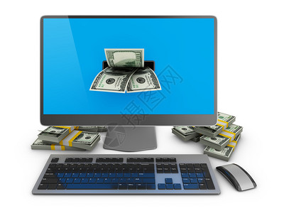 笔记本电脑屏幕钱白色背景的电脑和美元包3dmake图片
