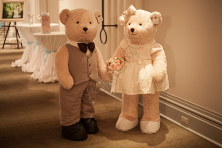坐着大泰迪熊新娘和郎穿着婚纱经典的老图片