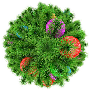 圣诞树顶端视图装饰着丰富多彩的圣诞球孤立在白色3D翻接上渲染蓝色的好图片