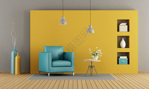 黄色木头家具带扶椅和咖啡桌的多彩客厅3D制式水平的利基市场居住设计图片