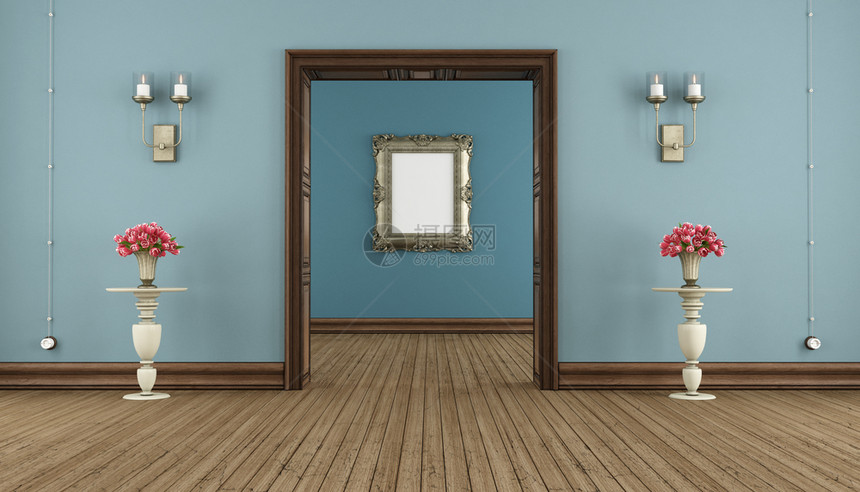 Bluereformroomwithb木门户和背景经典框架的蓝色复古室3D经典的渲染优雅图片