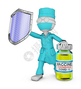 危险的3D型冠状疫苗旁边有护盾的医生药物图片