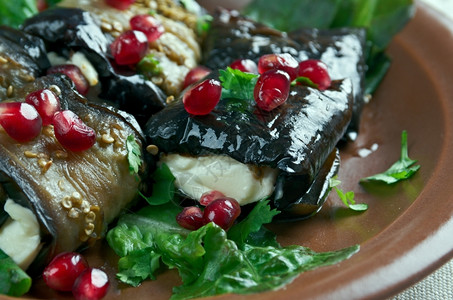 Badrijani格鲁吉亚菜用油炸茄子做成塞满了香料胡桃糊咸白天美食图片