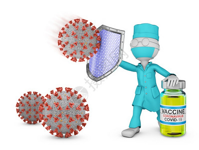 茅型瓶健康风险疫苗接种有防护盾疫苗和3D型冠状细胞的医生设计图片