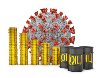 汽油商业全球的硬币和油桶堆放在3d型日冕细胞旁设计图片