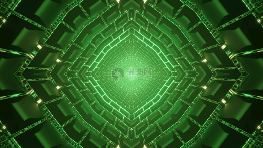 成形几何学有创造力的Kaleidoscopic3D显示对称红柱形隧道并配有亮绿色3D的几何装饰标志图片