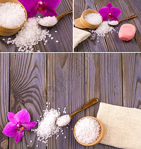在木质碗里用勺子肥皂薄饼和兰花装在木制桌上的白浴盐硫酸疮舒缓的图片