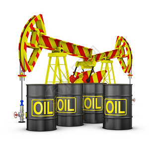 黑色石油桶贸易白色背景的3D型油桶和水泵萃取原油设计图片