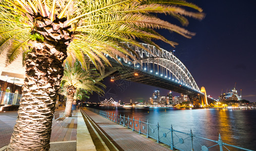 高架旅行蓝色的悉尼港桥晚上澳大利亚城市标志图片