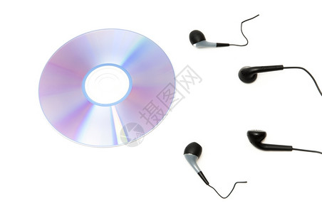 视频软件cd白色背景带耳机的音乐cd光学图片