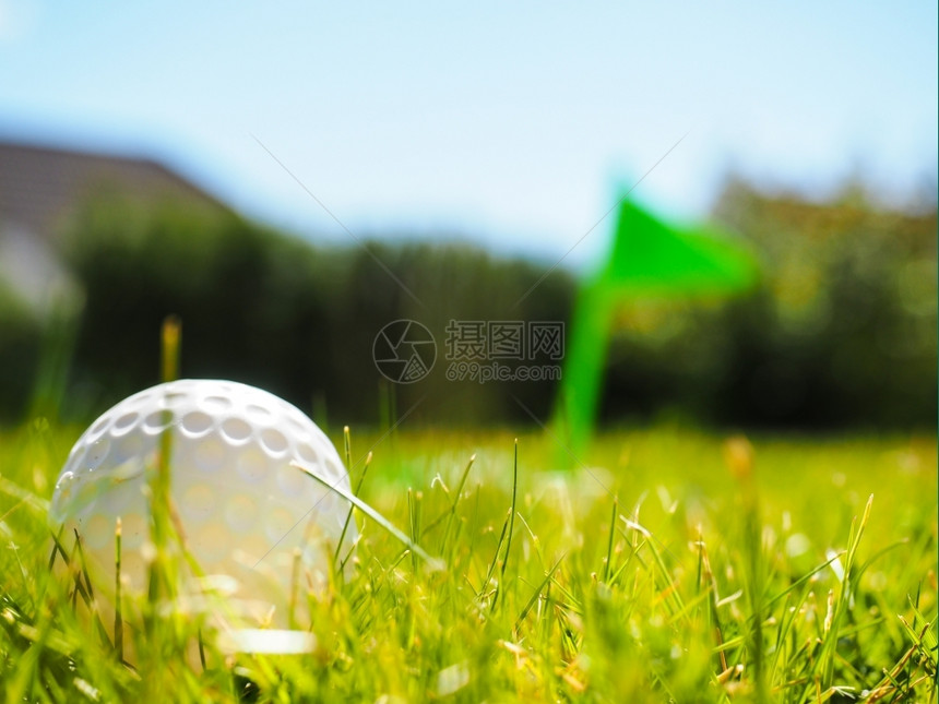高尔夫球躺在粗糙的绿草中带着旗接近发球台娱乐竞赛闲暇图片