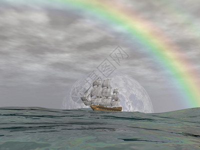 经过灰色的阴天在海上彩虹下的旧商船3D渲染旧商船历史图片