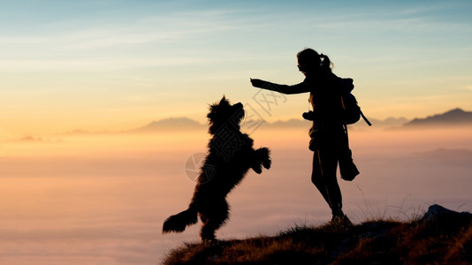 女孩给他的山狗照片背影带提供食物云彩和山峰背景非常壮观活力玩跳跃图片