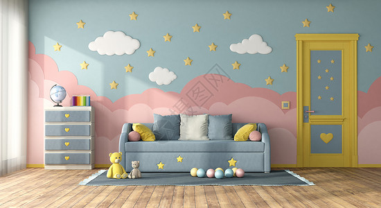 云柜带沙发床闭门和抽屉胸柜的多彩儿童房间3D装有沙发床的多彩儿童房间球地毯内部的背景