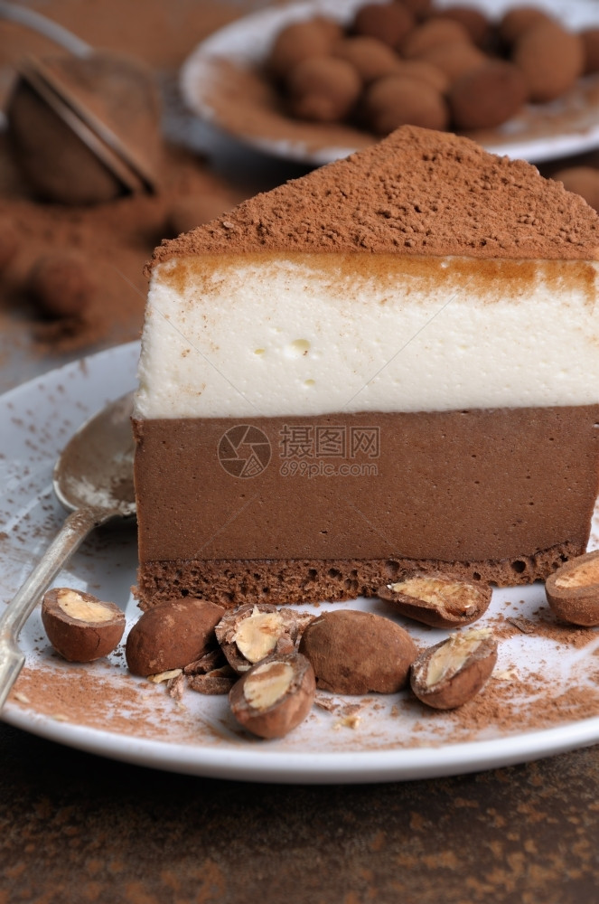莫塞尔一块巧克力香草慕斯蛋糕覆盖可营养的诺什图片