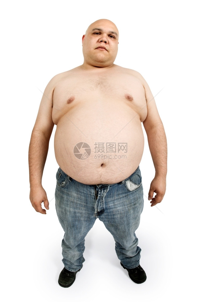 超重男带鱼眼透镜用于夸大胃部数字肥胖摆姿势图片