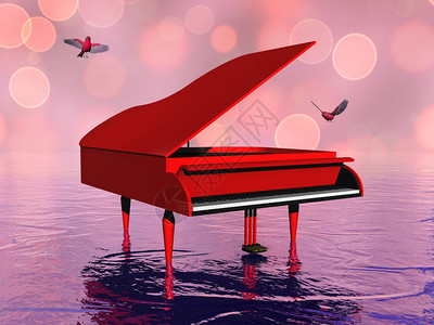 目的红大钢琴和小鸟以粉红色波keh背景飞行3D键盘模糊图片