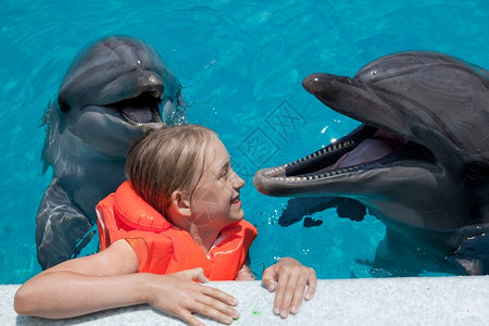 男孩和海豚快乐的小女孩和两个海豚在游泳池背景