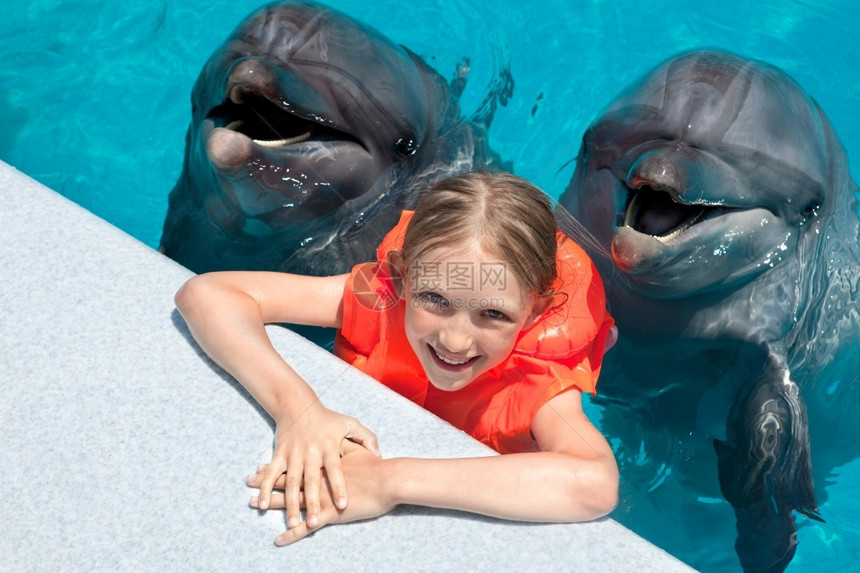 快乐的小女孩和两个海豚在游泳池图片