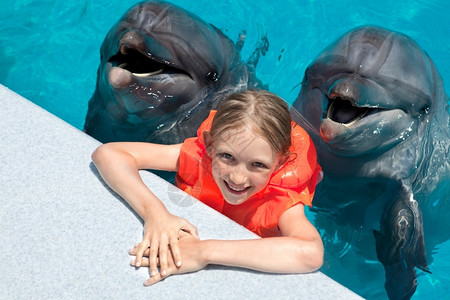 快乐的小女孩和两个海豚在游泳池图片