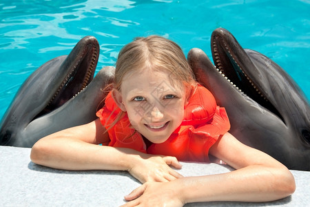快乐的小女孩和两个海豚在游泳池玩耍图片