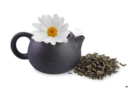 普洱黑色紫Kungfu茶杯白底花朵分离喝色的图片
