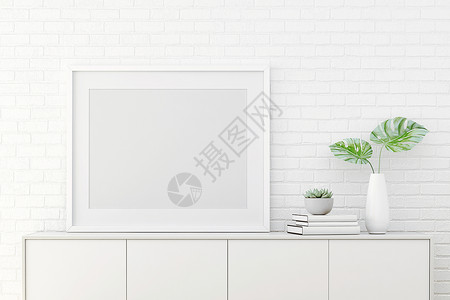 3份模拟室内客厅设计图案白色墙上贴有图片框白色的沙发地面图片